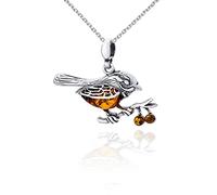 AMBEDORA Damen Halskette 925 Silber Oxidiert Baltischer Bernstein Cognac Farbe Bernstein Spatzen Anhänger auf Kette