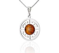 AMBEDORA Donna, collana in argento 925 lucido con nanorivestimento protettivo, ambra baltica rotonda, ciondolo celtico del cerchio della vita su catena a serpente, set regalo