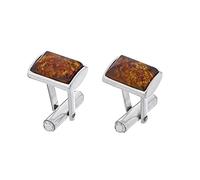 AMBEDORA Gemelli da uomo in argento con ambra, forma moderna, ambra naturale color cognac, set regalo, Normal, Argento sterling, ambra