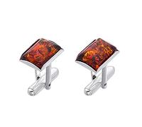 AMBEDORA Gemelli da Uomo in Argento Maldive con Ambra, Argento Sterling Lucido, Ambra Baltica Rettangolare Moderna, Set Regalo