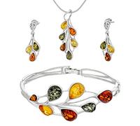 AMBEDORA Grande Parure di Gioielli da Donna in Amber 458, Sterling Argento Lucido, Ambra Baltica Multicolore, Bracciale In Argento, Catena Con Ciondolo E Orecchini