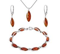 AMBEDORA Grande set da donna Amber 324, finitura in argento Sterling lucido, ambra baltica color cognac, bracciale, ciondolo con collana e orecchino, Argento sterling, Ambra