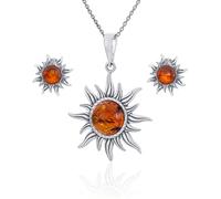 AMBEDORA Parure da donna con sole mod.03, argento sterling 925, ambra baltica color cognac, ciondolo in argento su collana e orecchini