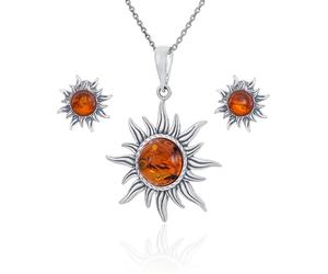 AMBEDORA Parure da donna con sole mod.03, argento sterling 925, ambra baltica color cognac, ciondolo in argento su collana e orecchini