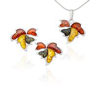 AMBEDORA Parure di Gioielli da Donna Fancy Leaves, Argento Sterling Lucidato, Ambra Baltica Colorata, Ciondolo in Argento con Catena e Orecchini