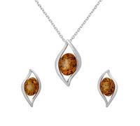 AMBEDORA Parure di Gioielli da Donna Fiamme D'ambra, Argento Sterling Lucido, Ambra Baltica Color Cognac, Ciondolo in Argento su Catena e Orecchini