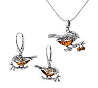 AMBEDORA Parure di Gioielli da Donna Passeri D'ambra, Argento Sterling Ossidato, Ambra Baltica Color Cognac, Ciondolo D'argento su Catena e Orecchini