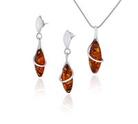 AMBEDORA Piccolo Set di Gioielli da Donna Marquise, Argento Sterling 925, Ambra Baltica Color Cognac, Ciondolo con Catena e Orecchini