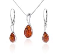 AMBEDORA Piccolo set di gioielli da donna Monique 2, argento sterling lucido, ambra baltica di colore cognac, ciondolo in argento su collana e orecchini, Argento sterling, Ambra