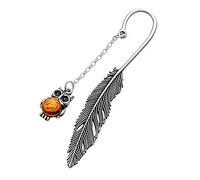 AMBEDORA Segnalibro argento 925 ossidato, ambra baltica rotonda in colore cognac, gufo piccolo in argento con ambra L. 8,2 cm