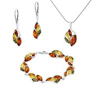 AMBEDORA Set da donna Grande Sabina in argento 925, ambra baltica colorata, ciondolo con catena a serpente, orecchini, bracciale