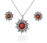 AMBEDORA Set da donna in argento Sterling 925 con ciondolo a forma di piccolo sole (collana e orecchini), ambra baltica in cognac, ciondolo con catenina e orecchini, set pronto per un regalo