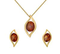 AMBEDORA Set di Gioielli da Donna Amber Flames, Argento Sterling Placcato in Oro, Ambra Baltica Color Cognac, Ciondolo e Orecchini a Catena Placcati in Oro