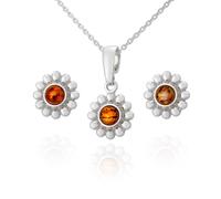 AMBEDORA Set di gioielli da donna con fiori mod.03, argento sterling lucido, ambra baltica in colore cognac, ciondolo in argento su collana e orecchini