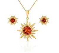 AMBEDORA Set di gioielli da donna con sole mod.03, argento sterling placcato oro, ambra baltica in colore cognac, ciondolo placcato oro su collana e orecchini