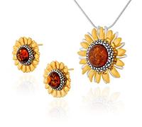 AMBEDORA Set di gioielli da donna in argento sterling placcato oro, ambra baltica color cognac, ciondolo placcato oro su collana e orecchini, Argento sterling, Ambra