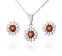 AMBEDORA Set di gioielli da donna piccoli fiori mod.02, argento sterling lucido, ambra baltica in colore cognac, ciondolo in argento su collana e orecchini