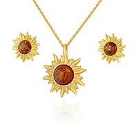 AMBEDORA, Set di Gioielli da Donna Piccolo Sole, Argento Placcato Oro, Ambra Baltica Color Cognac, Ciondolo Placcato Oro su Catena e Orecchini