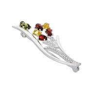 AMBEDORA Spilla da Donna a Forma di Giglio con Ambra e Zirconi, Argento Sterling Lucidato, Ambra Baltica Naturale in Tre Colori
