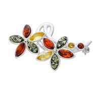 AMBEDORA Spilla da Donna Fiori Colorati III con Ambra, Argento Sterling Lucidato, Ambra Naturale del Baltico in Tre Colori, Regalo per Ogni Occasione
