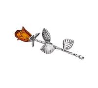 AMBEDORA Spilla da donna in argento 925 ossidato, rosa baltica intagliata a mano, piccola spilla in ambra cognac, chiusura di sicurezza, set regalo