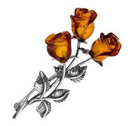 AMBEDORA Spilla da donna in argento 925 ossidato, rose d'ambra baltica intagliate a mano, spilla con tre rose d'ambra, chiusura di sicurezza, set regalo