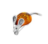 AMBEDORA Spilla da donna in argento sterling lucido, con topo e ambra, color cognac, Argento sterling