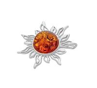 AMBEDORA Spilla Sole da Donna in Argento con Ambra, Argento Sterling Lucidato, Ambra Baltica Naturale Color Cognac