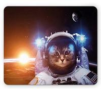 Ambesonne Tappetino per il mouse, motivo: gatto spaziale, immagine di eclissi lunare su pianeta stelle, tappetino rettangolare in gomma antiscivolo, dimensioni standard, blu scuro arancione