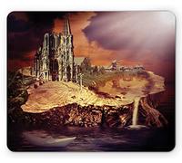 Ambesonne Tappetino per il mouse, motivo gotico, castello fantasy e villaggio su un ceppo nell'acqua, tramonto spaventoso, arte medievale, arte narrativa, rettangolare, in gomma, antiscivolo