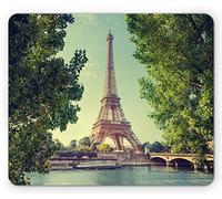 Ambesonne Tappetino per il mouse, motivo: Parigi, Torre Eiffel, Senna, immagine del punto di riferimento europeo, rettangolare, in gomma antiscivolo, dimensioni standard, verde mandorla marrone chiaro