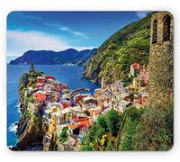 Ambesonne Tappetino per mouse colorato, immagine panoramica del villaggio di Vernazza nelle Cinque Terre Nord Italia, tappetino per il mouse rettangolare in gomma antiscivolo, dimensioni standard, blu