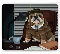 Ambesonne Tappetino per mouse con immagine di Bulldog inglese e cappello da detective di Sherlock Holmes, rettangolare in gomma antiscivolo, formato standard, marrone bordeaux