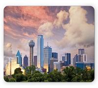 Ambesonne Tappetino per mouse degli Stati Uniti, skyline della città di Dallas al tramonto, nuvole del Texas, grattacieli a vita alta, tappetino per mouse rettangolare in gomma antiscivolo,