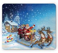 Ambesonne Tappetino per mouse natalizio, Babbo Natale in slitta, renna e giocattoli Snowy North Pole Tale Fantasy immagine, tappetino per mouse rettangolare in gomma antiscivolo, dimensioni standard