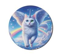 Ambesonne Tappetino per mouse per computer, motivo: Pegasus come un gattino bianco con corno di unicorno che vola sopra nuvole arcobaleni cielo, tappetino per mouse rotondo in gomma spessa antiscivolo