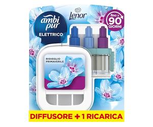 Ambi Pur 3Volution Profumatore per Ambienti, 1 Diffusore Elettrico e 1 Ricarica, Fragranza Lenor Risveglio Primaverile, Teconologia Elimina Odori, Fino a 90 Giorni di Profumo per Ricarica