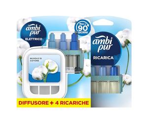 Ambi Pur 3Volution Profumatore per Ambienti, Diffusore Elettrico e 4 Ricariche, Fragranza Nuvole di Cotone, tecnologia Elimina Odori, Fino a 90 Giorni di Profumo per Ricarica