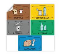 Ambiance Sticker Adesivi per il Riciclaggio Adesivi per Riciclare e Separare i Rifiuti, Pattumiera adesiva Tedesca Label - 5 etichette da 8,5 x 5,5 cm.