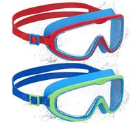 Ambienden 2 Pcs Occhiali Nuoto Bambini, Anti-Fog con Visione Chiara, Protezione UV, Guarnizione in Silicone, Telaio Grande Occhiali da Nuoto Unisex per Bambini da 6 a 14 anni, Blue-Red&Dark Blue