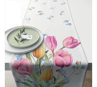 Ambiente Runner da tavola con fiori e tulipani in colori delicati in cotone per la decorazione della tavola. Runner da tavolo 150 x 40 cm