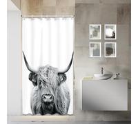 AMBZEK Piccola tenda da doccia con stalla e mucca, 91 x 182 cm (larghezza x lunghezza), motivo toro occidentale, per camper, fattoria, bestiame, campagna, divertente, in tessuto, impermeabile, in