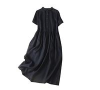 AMDOLE Abiti casual da donna estivi da donna in puro colore a maniche corte con risvolto con bottone allentato casual lungo abito estivo da donna, Nero , M