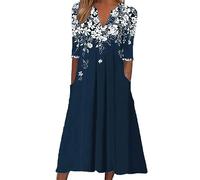 AMDOLE Abiti estivi da donna 2023 Autunno europeo e americano Nuove donne con scollo a V tasca stampa abito manica a tre quarti Plus Size Dress per le donne, Blu, S