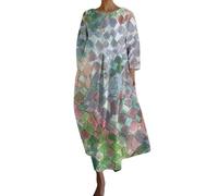 AMDOLE Abiti in lino da donna UK Abito da donna allentato con scollo rotondo alla moda senior a maniche lunghe stampato con scollo a V abiti da donna UK, Verde, L