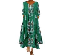 AMDOLE Abito bianco da donna in lino a maniche lunghe con orlo irregolare, abito lungo con stampa floreale, abito estivo da donna casual da lavoro petite lungo, Verde, 3XL
