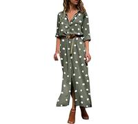 AMDOLE Abito casual marrone chiaro estivo con stampa a pois Maxi abito da donna con spacco a bottoni lungo abito a camicia fluida francese, Verde militare, L