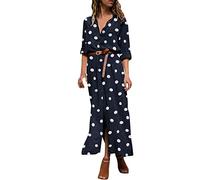 AMDOLE Abito casual marrone chiaro estivo con stampa a pois Maxi abito da donna con spacco a bottoni lungo abito a camicia fluida francese, Blu scuro, L