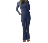 AMDOLE Abito da donna in tinta unita precoce maniche lunghe high-end moda kong stile retrò chic pezzo vestito donna pantaloni, Blu marino, XL