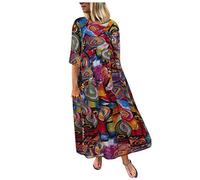 AMDOLE Abito da montagna con maniche con stampa, abito ampio da donna, maxi abito lungo a 3/4, casual, lungo, boho, abito da festa, abito da donna, abito da donna estivo, Rosso, M